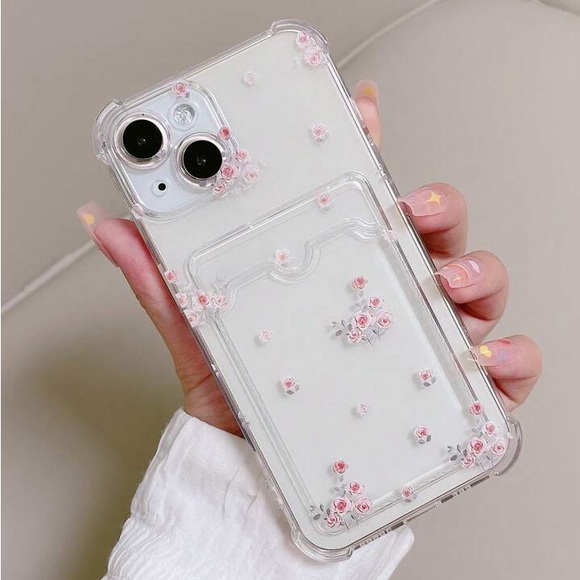 iPhone 13 Pro Transparent Flower Printed Phone Case with Card Slot - Picture 3 of 4